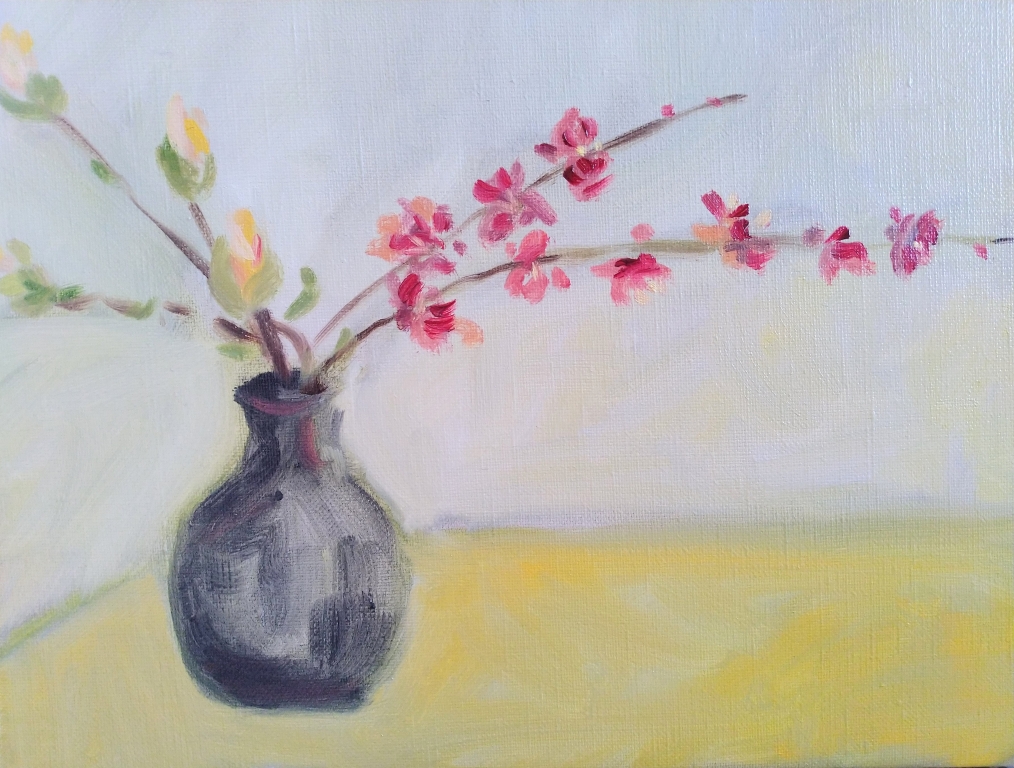 Oil painting of plum blossoms in a small grey vase
